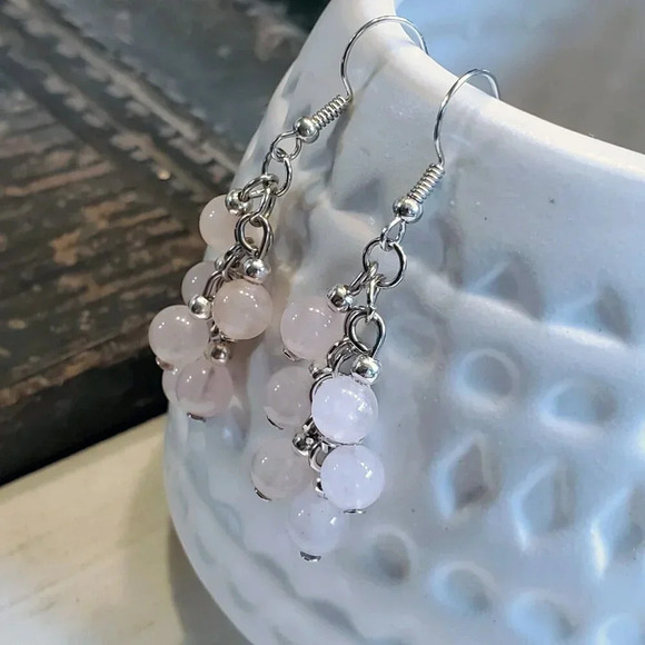 Rose Quartz Pink Gemstone Bead Dangle Silver Platinum Plated Earrings - Picture 7 of 10